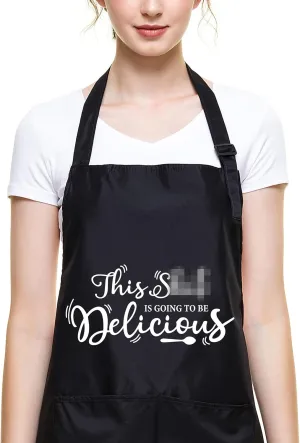 Fokongna Funny Black Apron for Women Men - This is Going to be Delicious - Cute Kitchen Chef Apron with 2 Pockets and Adjustable Neck Strap - Perfect Gifts for Birthday/Christmas/Thanksgiving
