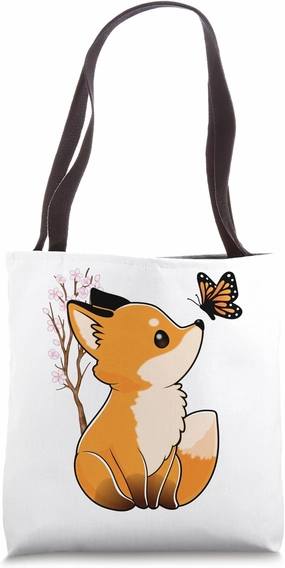 Fox and Butterfly Cute Fox Japanese Cherry Blossom Flower Tote Bag