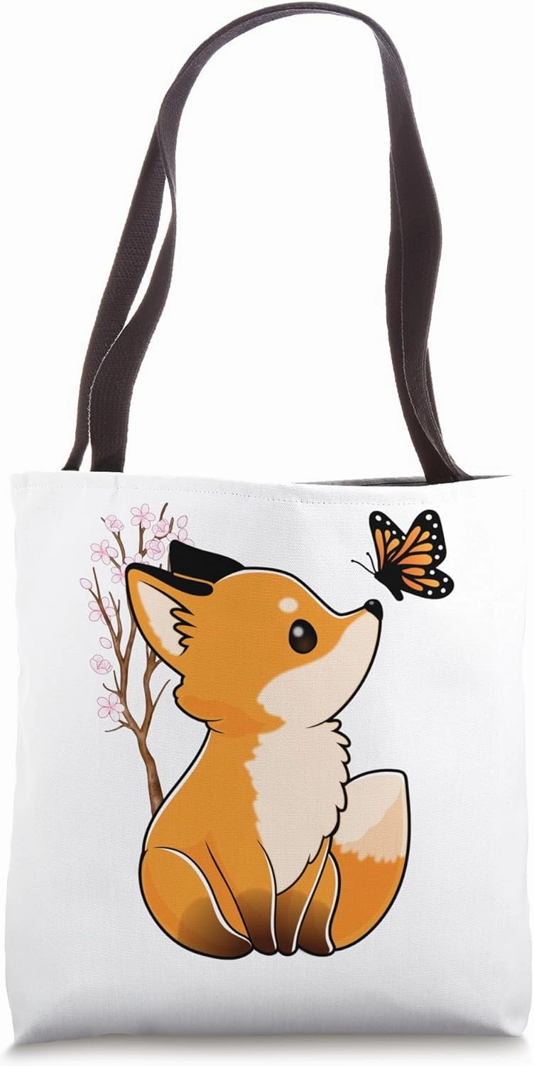 Fox and Butterfly Cute Fox Japanese Cherry Blossom Flower Tote Bag