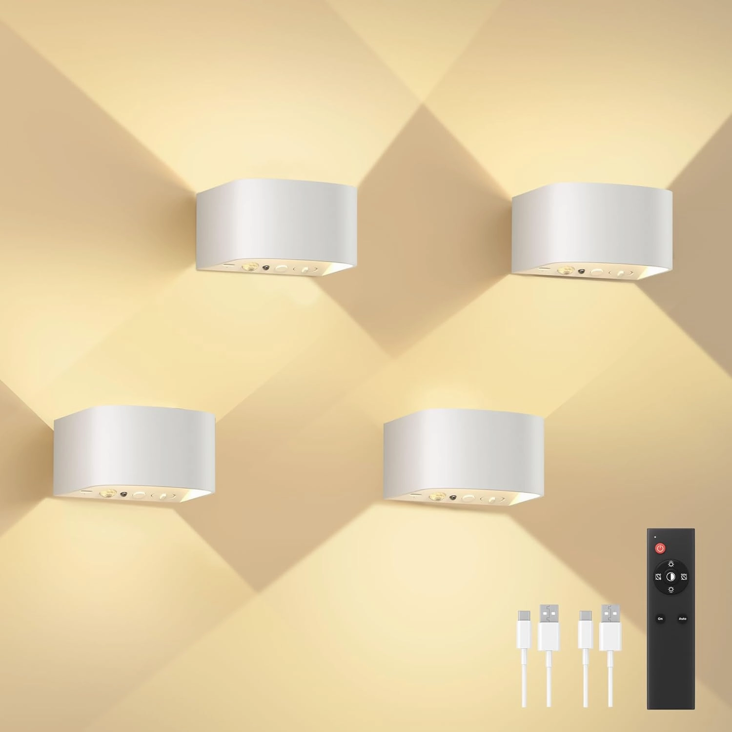 FULEN 4 Pack Motion Sensor Wall Lamp with Remote Control 3 Colors Wireless Wall Light LED Indoor Up and Down Wall Sconce 5000mAh Rechargeable Battery Powered Wall Lamps Brightness Adjustable,White