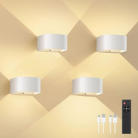 FULEN 4 Pack Motion Sensor Wall Lamp with Remote Control 3 Colors Wireless Wall Light LED Indoor Up and Down Wall Sconce 5000mAh Rechargeable Battery Powered Wall Lamps Brightness Adjustable,White