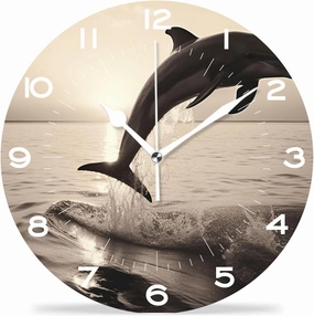 Funny 10 Inch Wall Clocks Battery Powered Decor,Beautiful Dolphin Leap Jumping Shine Sunset Sea Water Ocean Surface Drawing