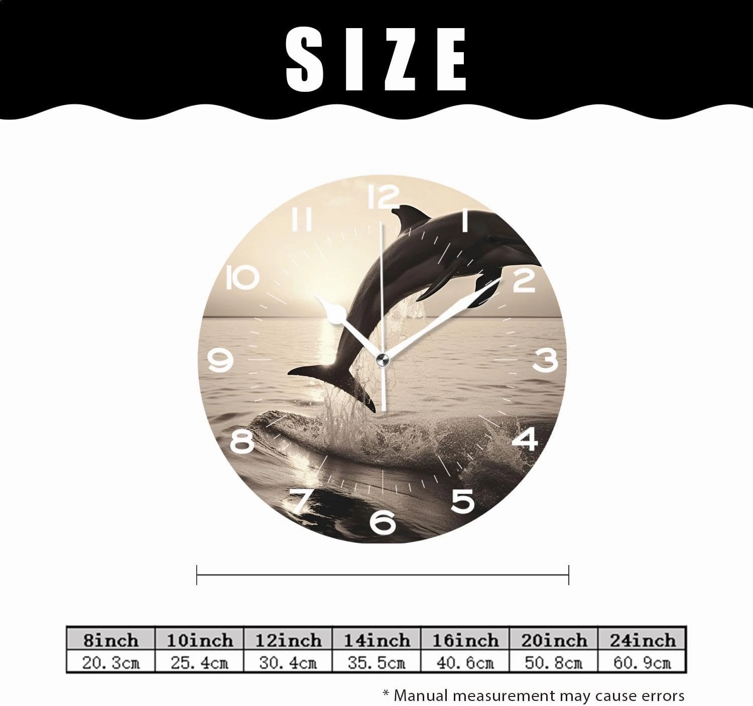 Funny 10 Inch Wall Clocks Battery Powered Decor,Beautiful Dolphin Leap Jumping Shine Sunset Sea Water Ocean Surface Drawing
