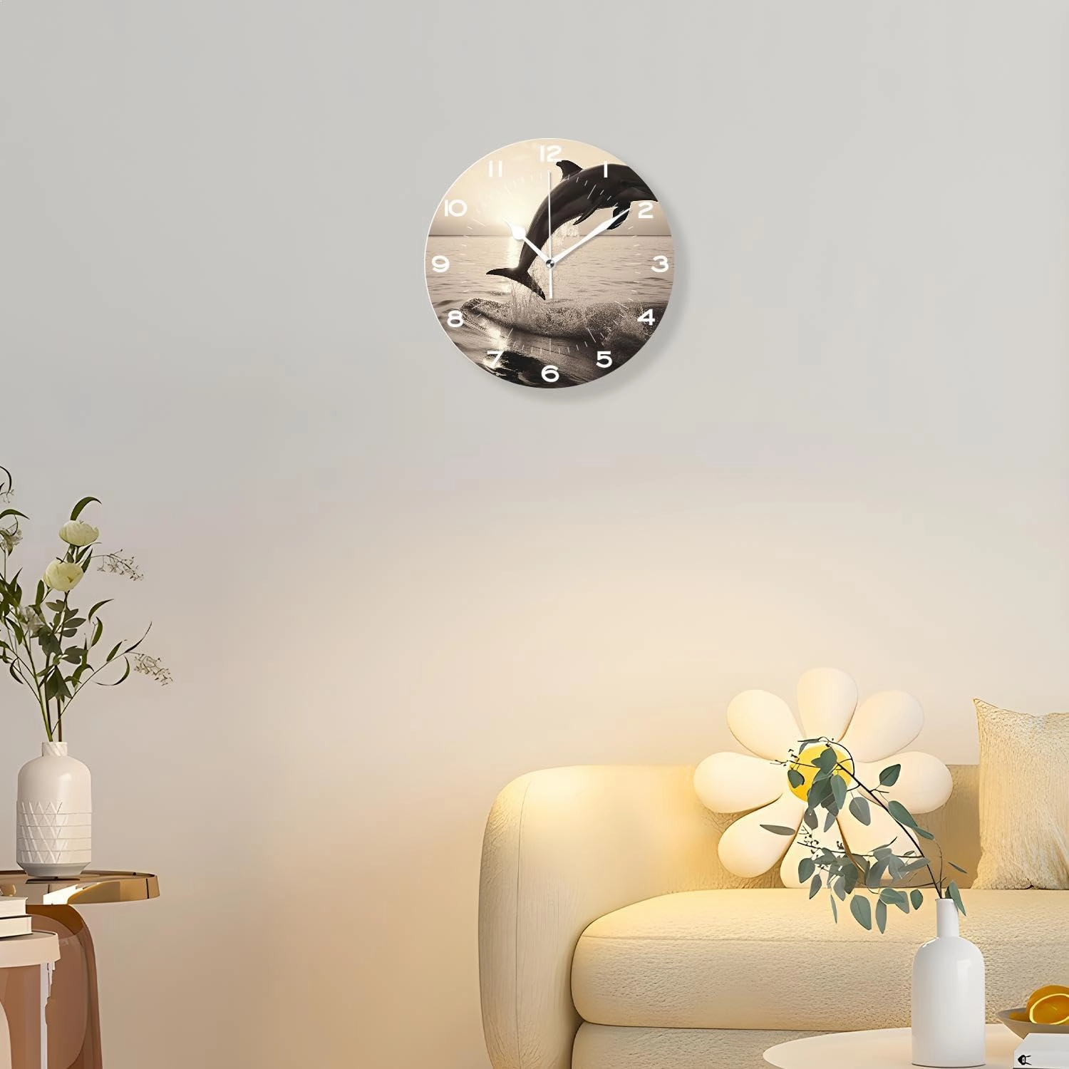 Funny 10 Inch Wall Clocks Battery Powered Decor,Beautiful Dolphin Leap Jumping Shine Sunset Sea Water Ocean Surface Drawing