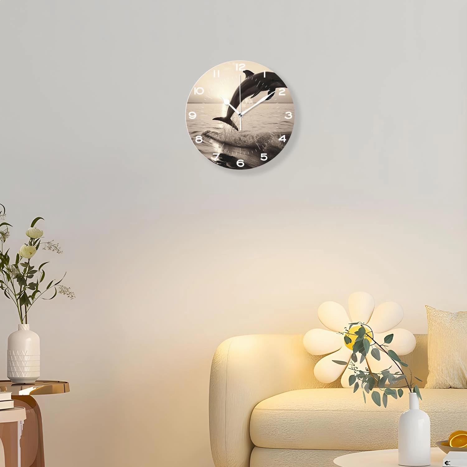Funny 14 Inch Wall Clocks Battery Powered Decor,Beautiful Dolphin Leap Jumping Shine Sunset Sea Water Ocean Surface Drawing
