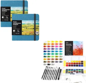 Funto Watercolor Artist Bundle, Funto Watercolor Journal, Square, Blue, Dual-Sided Cold-Pressed Paper, 5.5" x 5.5" with Watercolor Paint Set