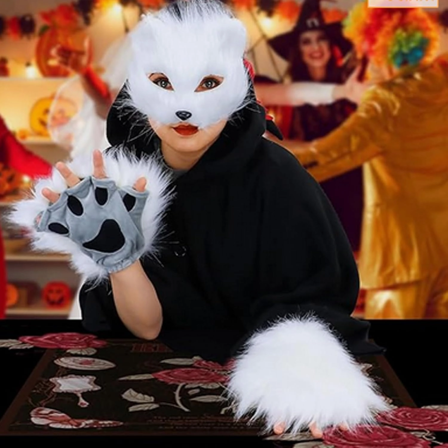 Furry Therian Mask and Tail for Kids,Animal Fox Mask Wolf Tail Paws Set,Over 1 Years Old