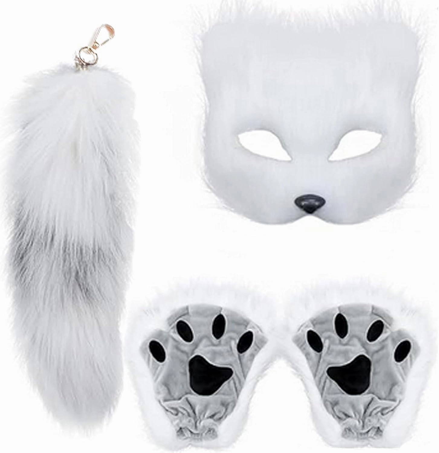 Furry Therian Mask and Tail for Kids,Animal Fox Mask Wolf Tail Paws Set,Over 1 Years Old