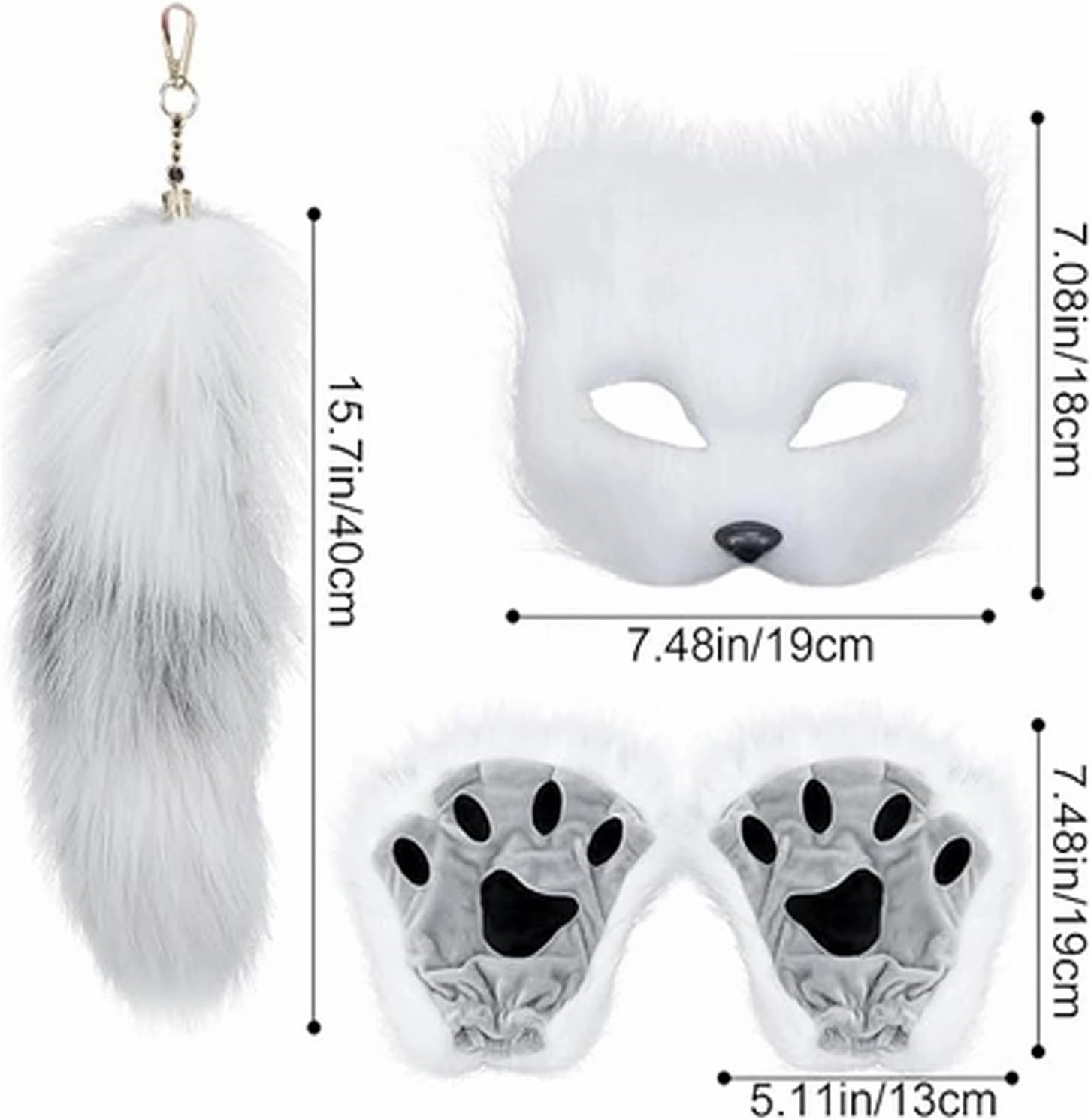 Furry Therian Mask and Tail for Kids,Animal Fox Mask Wolf Tail Paws Set,Over 1 Years Old