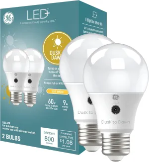 GE LED  A19 Dusk to Dawn LED Light Bulbs, Automatic On/Off Outdoor Security Light, Soft White (2 Pack)