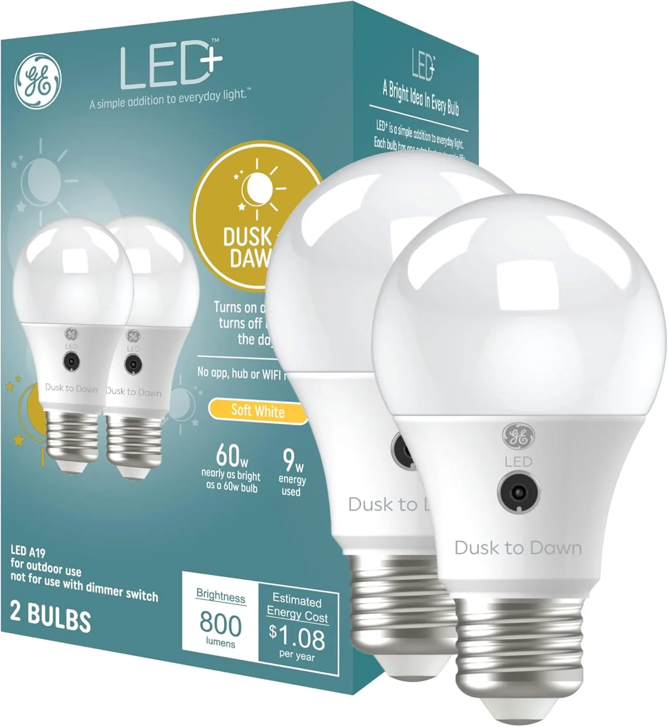 GE LED  A19 Dusk to Dawn LED Light Bulbs, Automatic On/Off Outdoor Security Light, Soft White (2 Pack)
