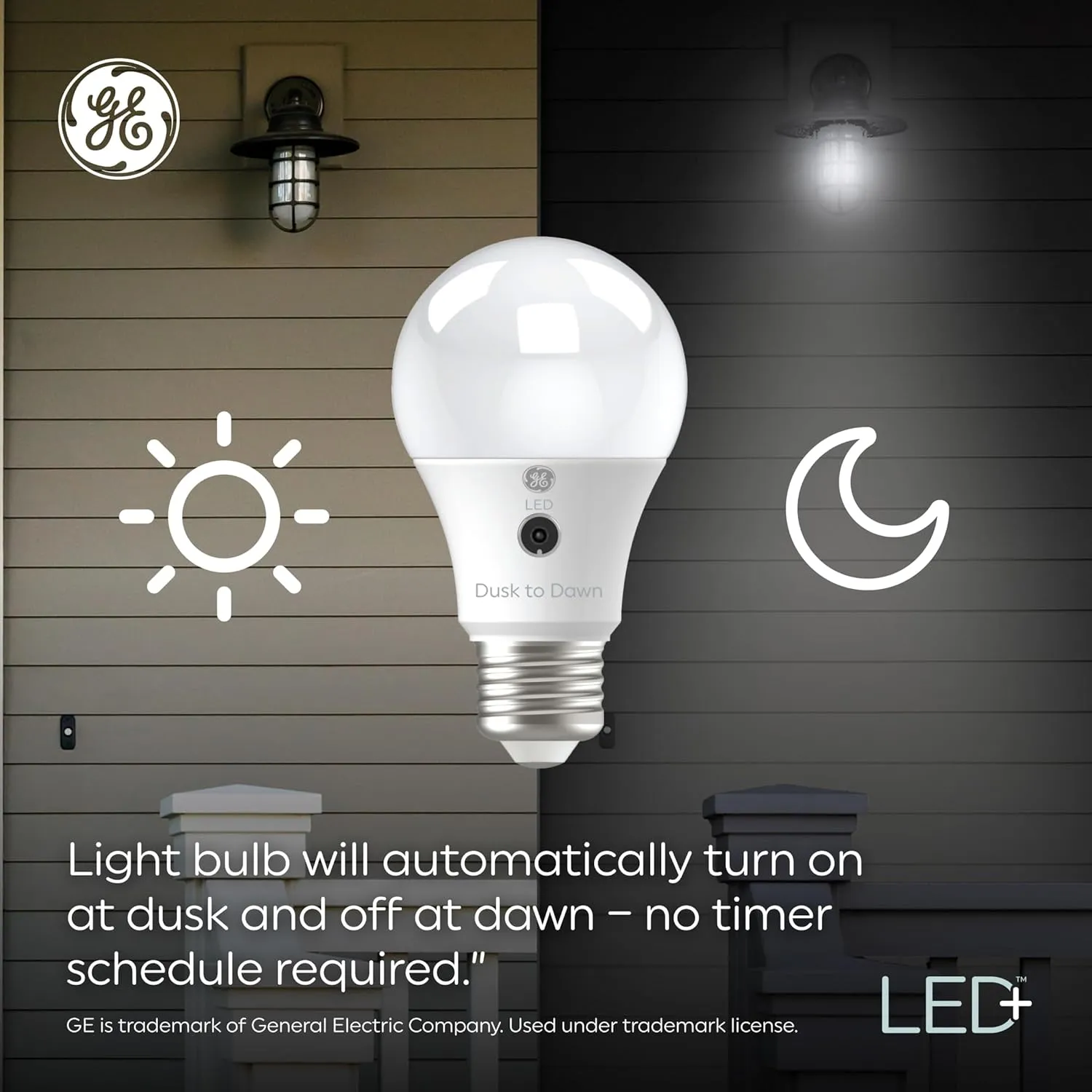 GE LED  A19 Dusk to Dawn LED Light Bulbs, Automatic On/Off Outdoor Security Light, Soft White (2 Pack)