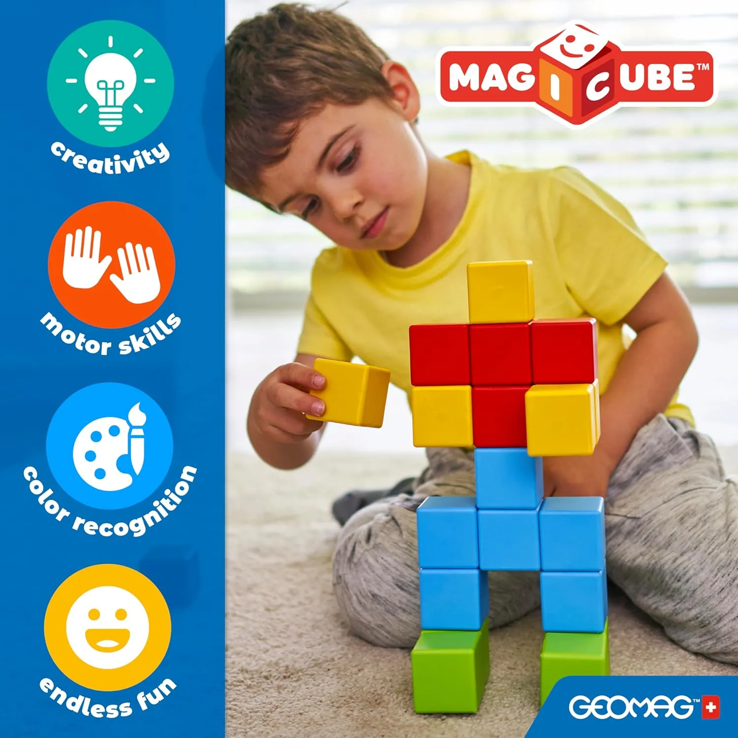 Geomag MagiCube Magnetic Blocks Set for Toddlers and Kids Ages 1 to 5 STEM Educational Toy Made in Switzerland with 100 Percent Recycled Plastic 64 Piece Early Learning Building Kit