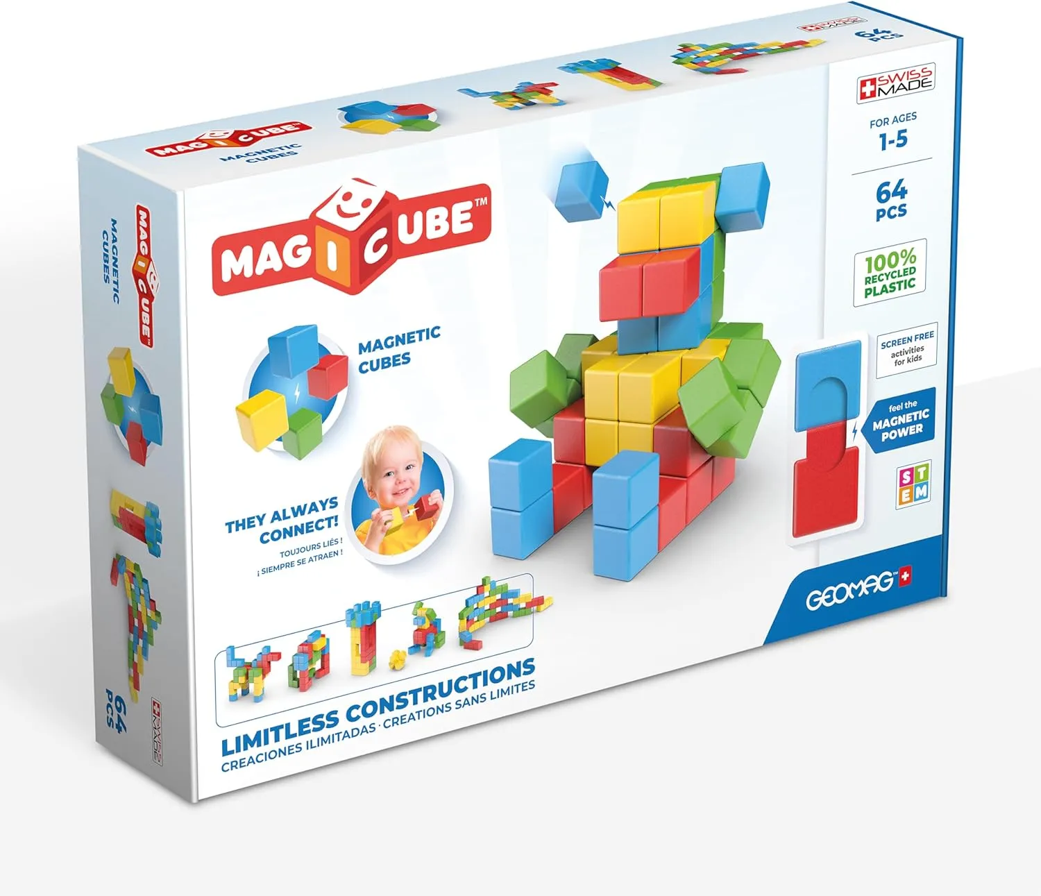 Geomag MagiCube Magnetic Blocks Set for Toddlers and Kids Ages 1 to 5 STEM Educational Toy Made in Switzerland with 100 Percent Recycled Plastic 64 Piece Early Learning Building Kit