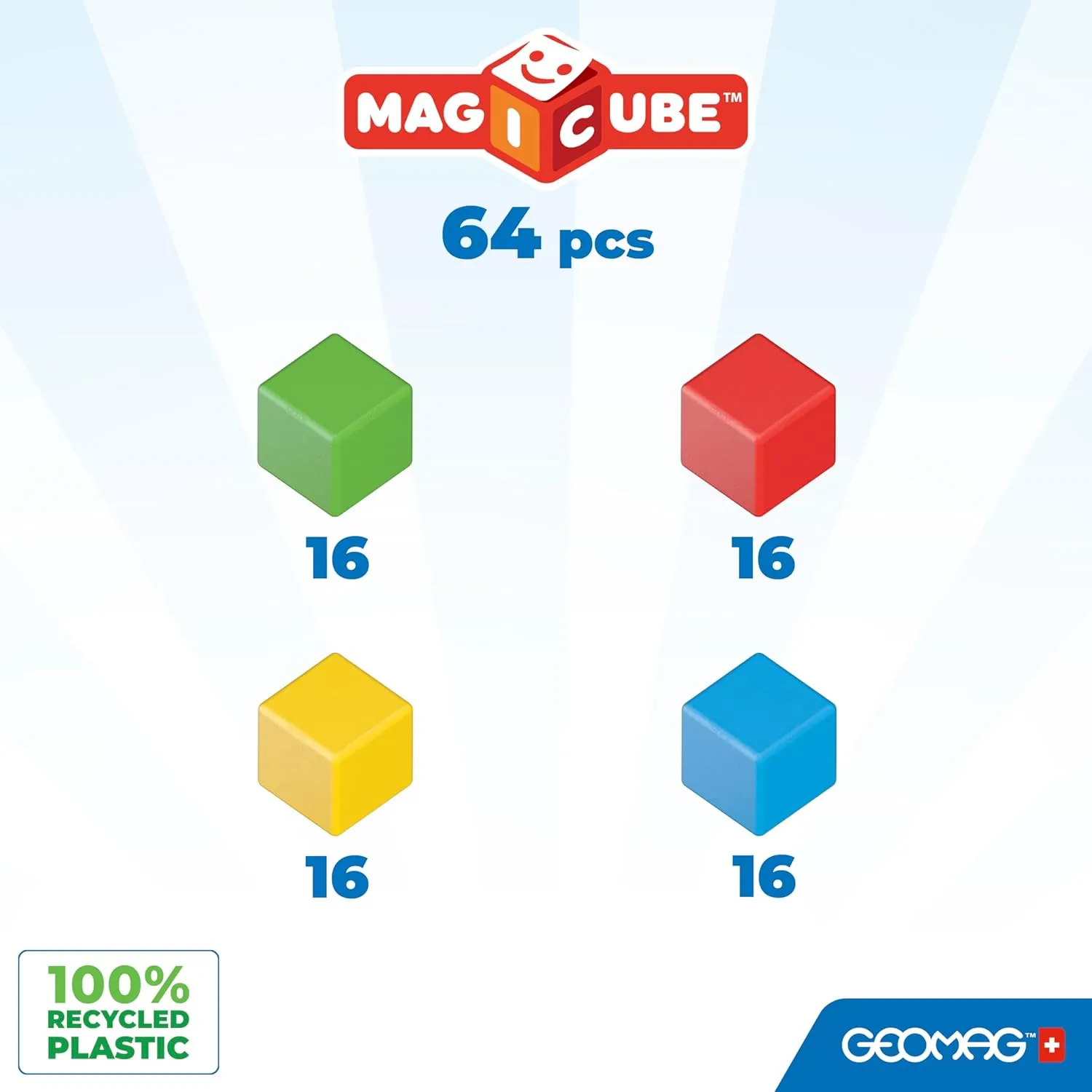Geomag MagiCube Magnetic Blocks Set for Toddlers and Kids Ages 1 to 5 STEM Educational Toy Made in Switzerland with 100 Percent Recycled Plastic 64 Piece Early Learning Building Kit