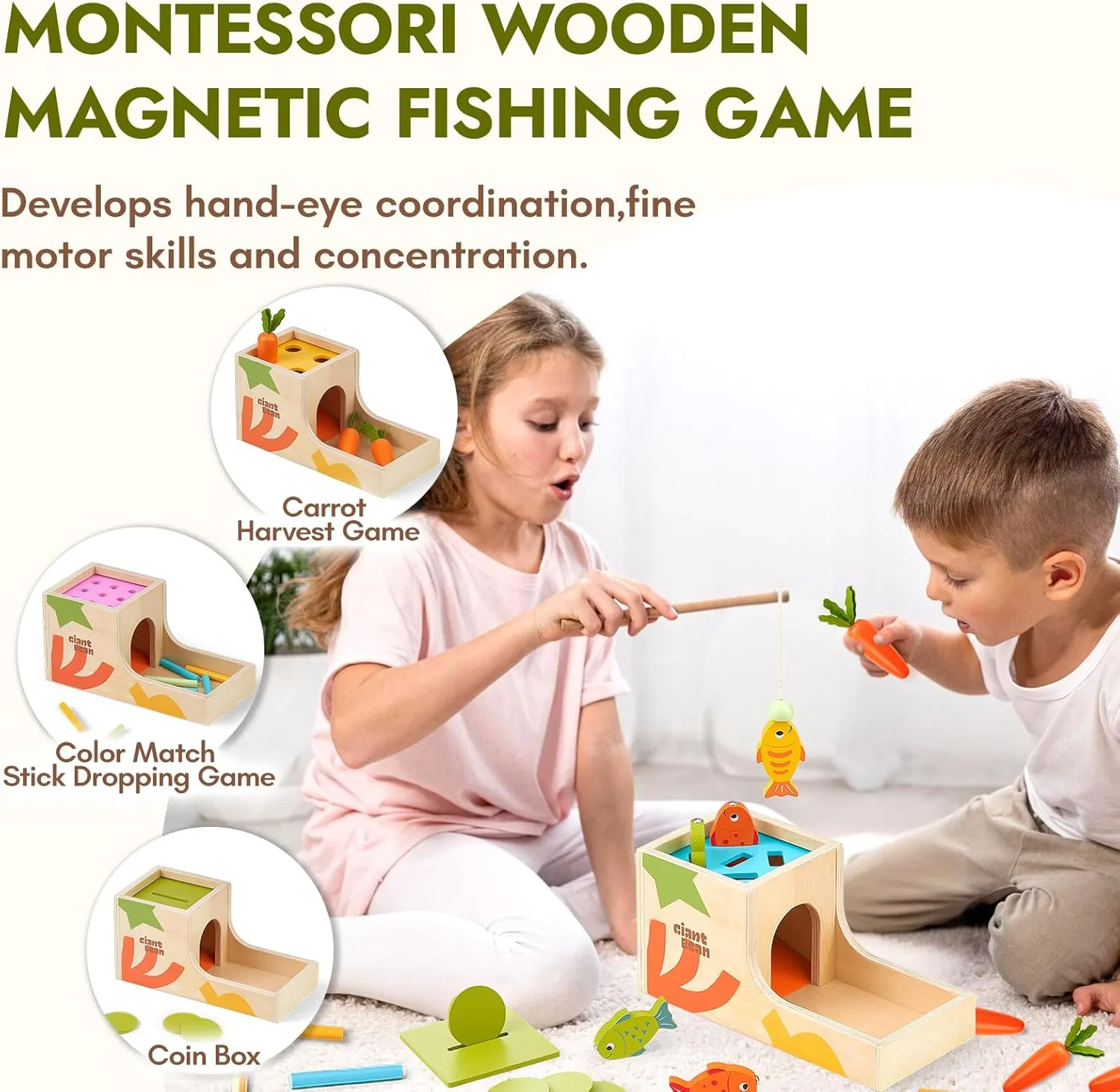 Giant bean 8-in-1 Wooden Montessori Toys Set Learning Toys for Baby 12-18 Month with Object Permanence Box, Senser Ball Roll Tower, Hammer, Fishing Carrot, Shape Sorting Stacking Cup Cub for Kids 1 