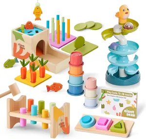 Giant bean 8-in-1 Wooden Montessori Toys Set Learning Toys for Baby 12-18 Month with Object Permanence Box, Senser Ball Roll Tower, Hammer, Fishing Carrot, Shape Sorting Stacking Cup Cub for Kids 1 