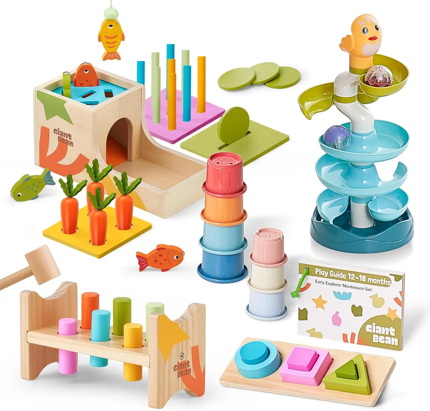 Giant bean 8-in-1 Wooden Montessori Toys Set Learning Toys for Baby 12-18 Month with Object Permanence Box, Senser Ball Roll Tower, Hammer, Fishing Carrot, Shape Sorting Stacking Cup Cub for Kids 1 