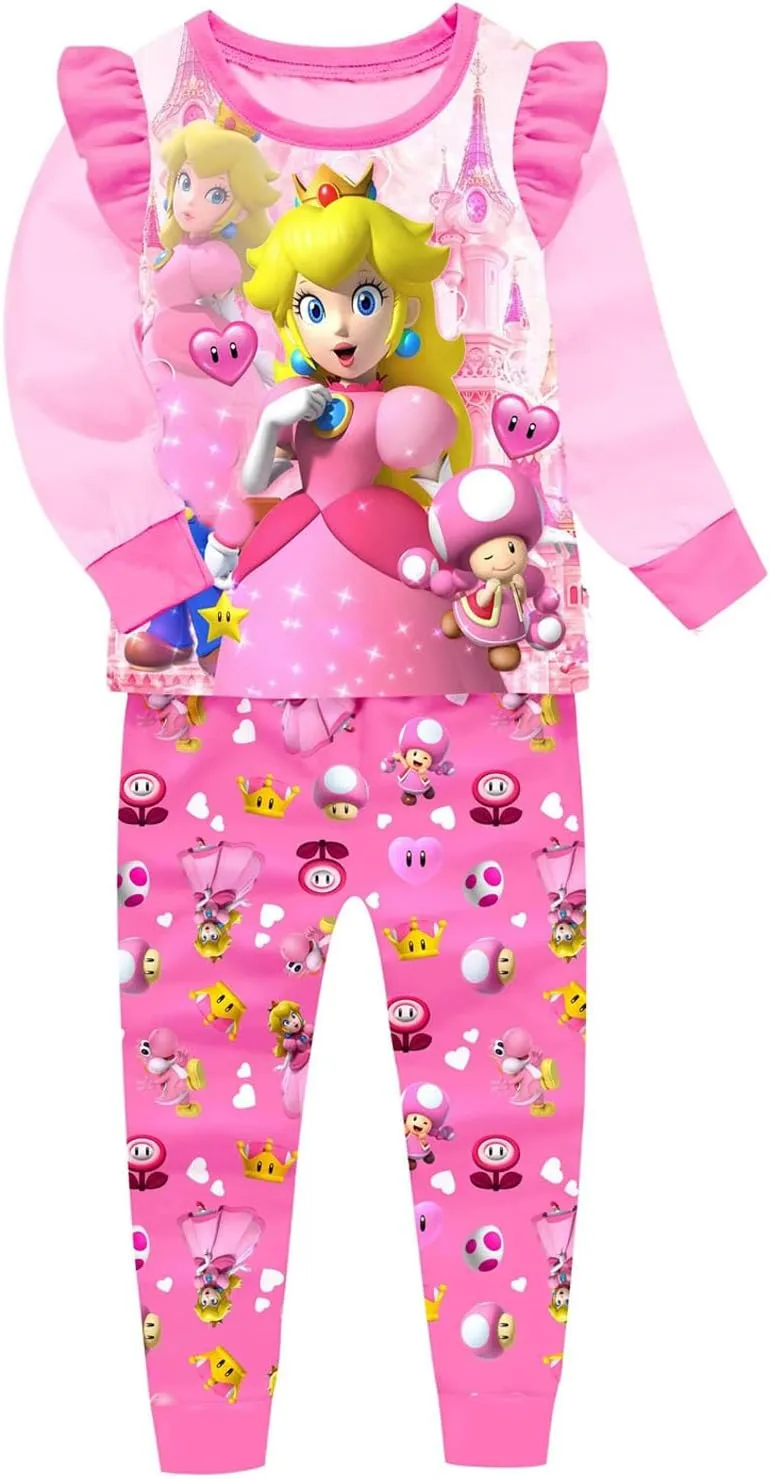 Girls Princess Pink Pajama Sets Toddler 2Pcs Cartoon Sleepwear Kids Long Pjs For Girls Cute Graphic Homewear
