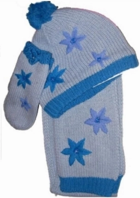 Girls Blue Knit Flower Scarf Mittens & Beanie Hat Set