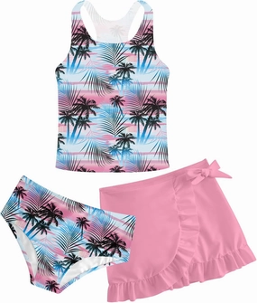 Girls Swimsuits 3 Piece Tankini Bathing Suit Set Cute Bikini Swimwear with Cover Ups Beach Skirt 5-12 Years