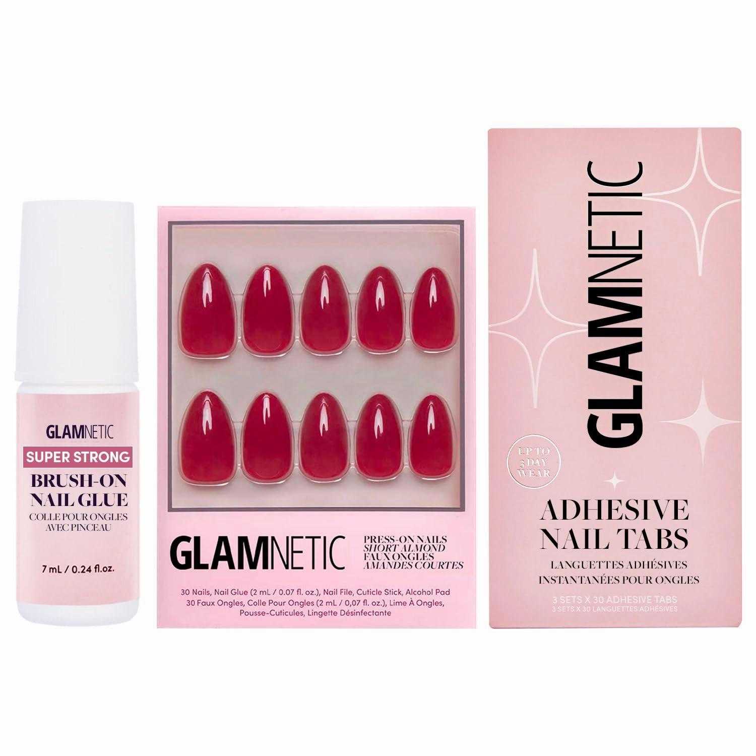 Glamnetic Press-On Nails - Classic Red | Opaque Timeless Red Short Almond Short False Nails | 15 Sizes - 30 Nail Kit with Glue & Nail Tabs
