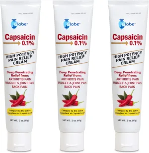 Globe (3 Pack) Capsaicin 0.1% High Potency Pain Relief Cream, Unscented (2 oz) Deep Penetrating Relief from: Arthritis, Muscle, Joint and Back Pain