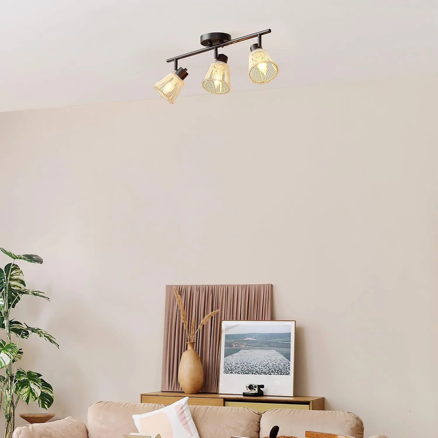 Globe Electric 3-Light Track Lighting Kit, Matte Black, Bamboo Shades, 3 Bulb Kitchen Light, E12 Socket