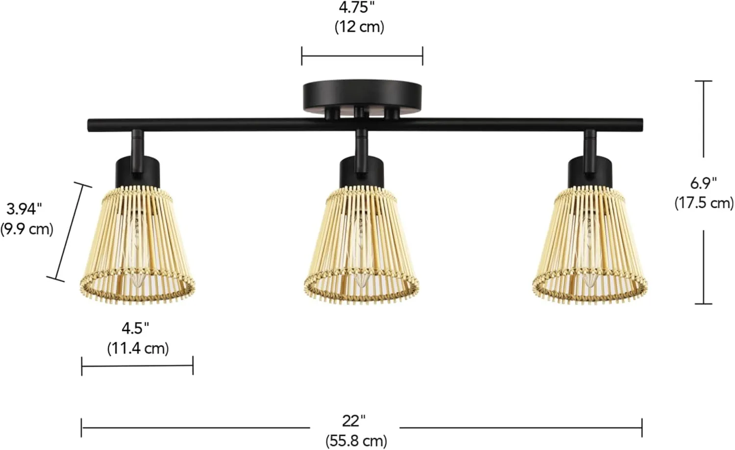 Globe Electric 3-Light Track Lighting Kit, Matte Black, Bamboo Shades, 3 Bulb Kitchen Light, E12 Socket