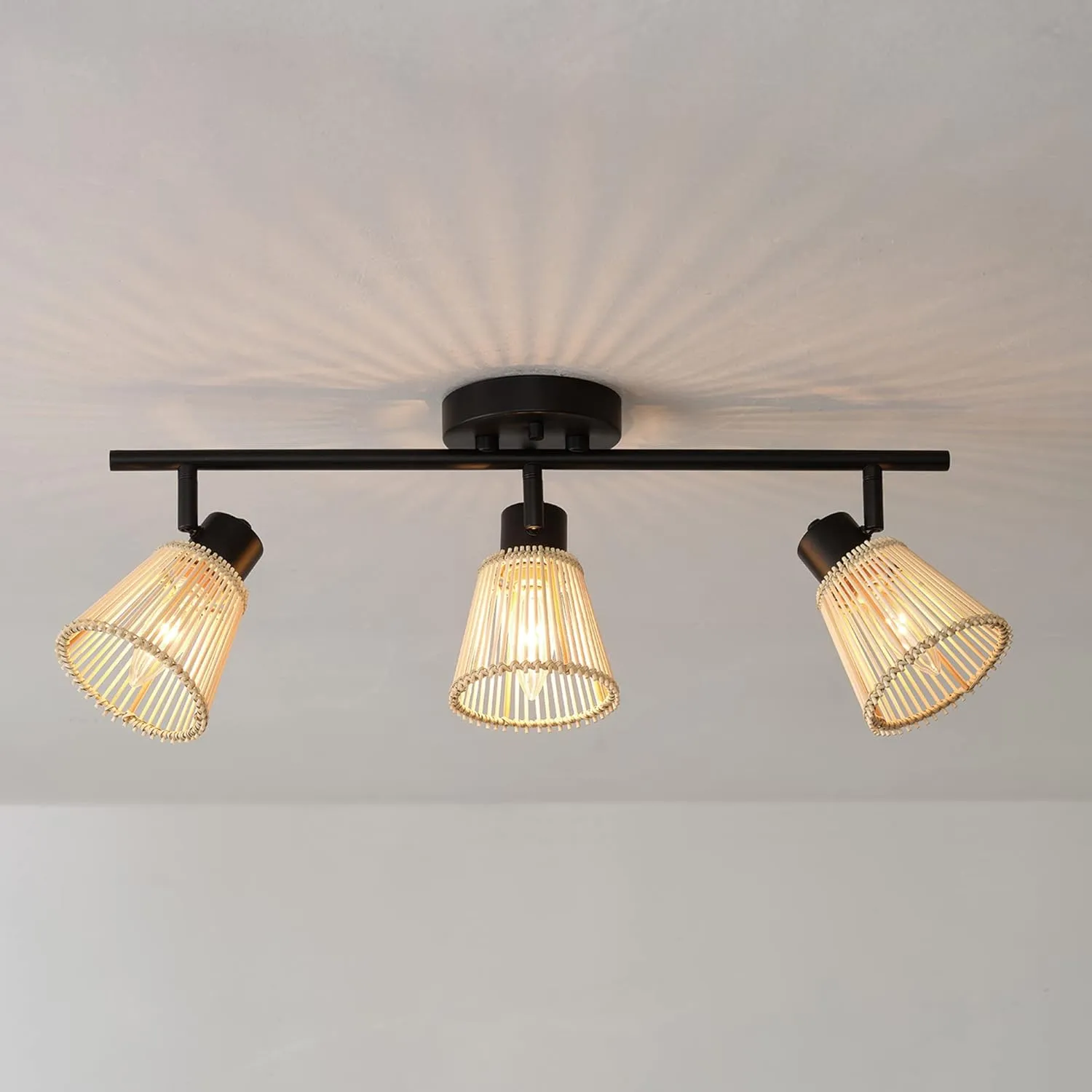 Globe Electric 3-Light Track Lighting Kit, Matte Black, Bamboo Shades, 3 Bulb Kitchen Light, E12 Socket