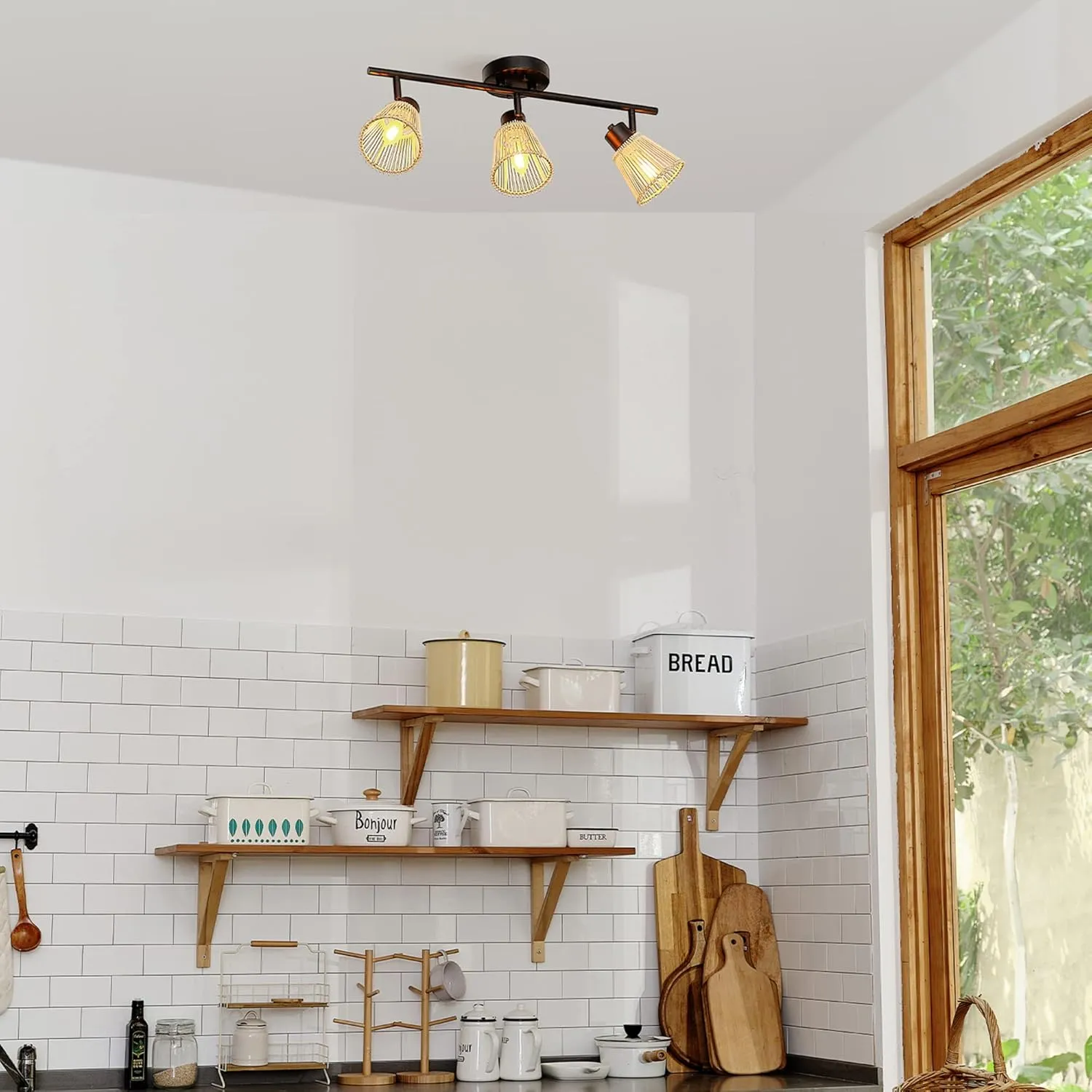 Globe Electric 3-Light Track Lighting Kit, Matte Black, Bamboo Shades, 3 Bulb Kitchen Light, E12 Socket