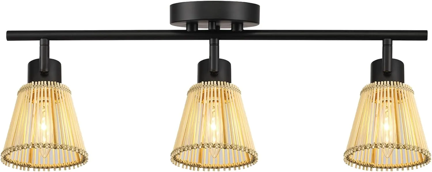 Globe Electric 3-Light Track Lighting Kit, Matte Black, Bamboo Shades, 3 Bulb Kitchen Light, E12 Socket