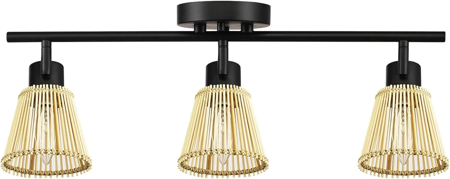 Globe Electric 3-Light Track Lighting Kit, Matte Black, Bamboo Shades, 3 Bulb Kitchen Light, E12 Socket