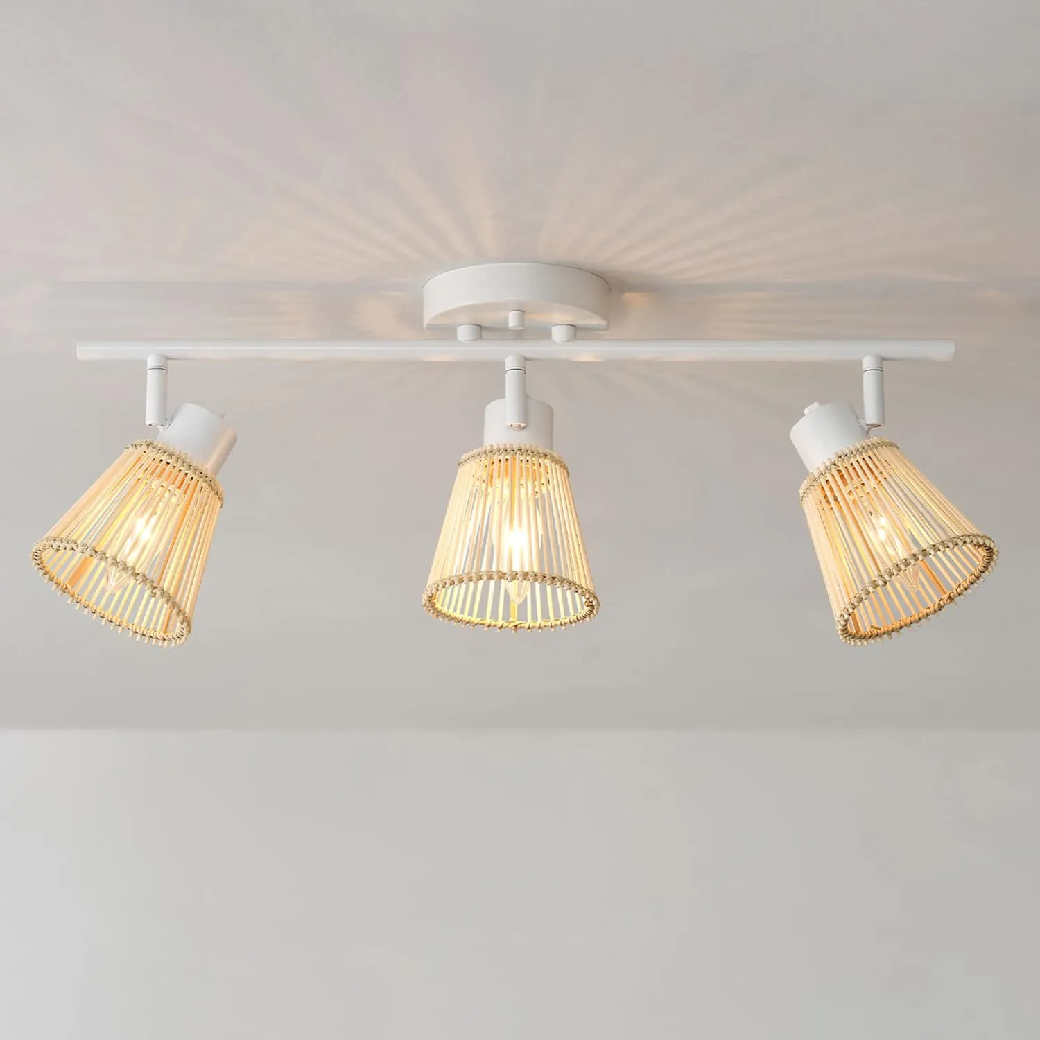 GLOBE Electric 64000043 22" 3-Light Track Lighting, Matte White, Bamboo Shades, Pivot Shade, Ceiling Light, Track-Light Heads, Kitchen Lights, E12 Socket