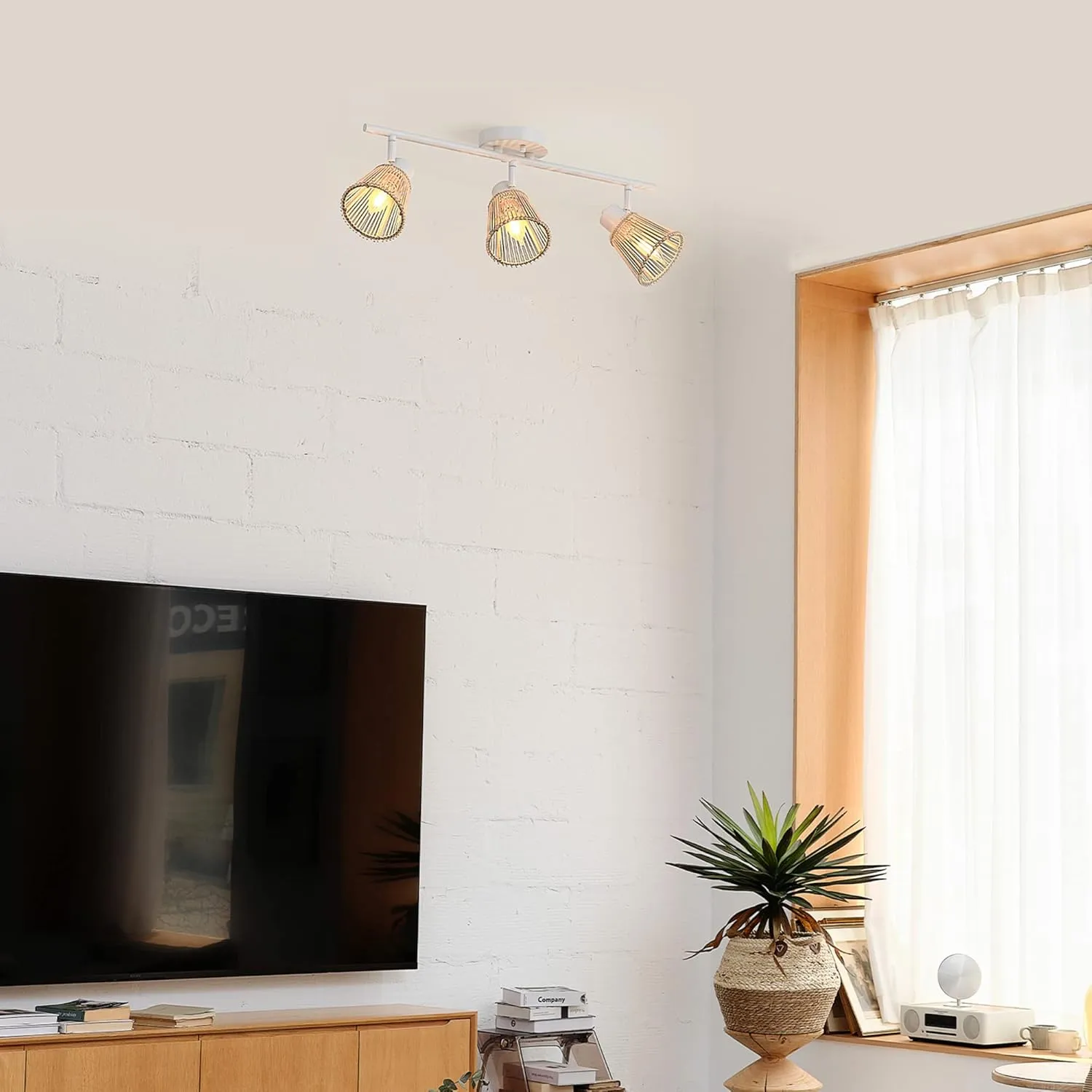GLOBE Electric 64000043 22" 3-Light Track Lighting, Matte White, Bamboo Shades, Pivot Shade, Ceiling Light, Track-Light Heads, Kitchen Lights, E12 Socket