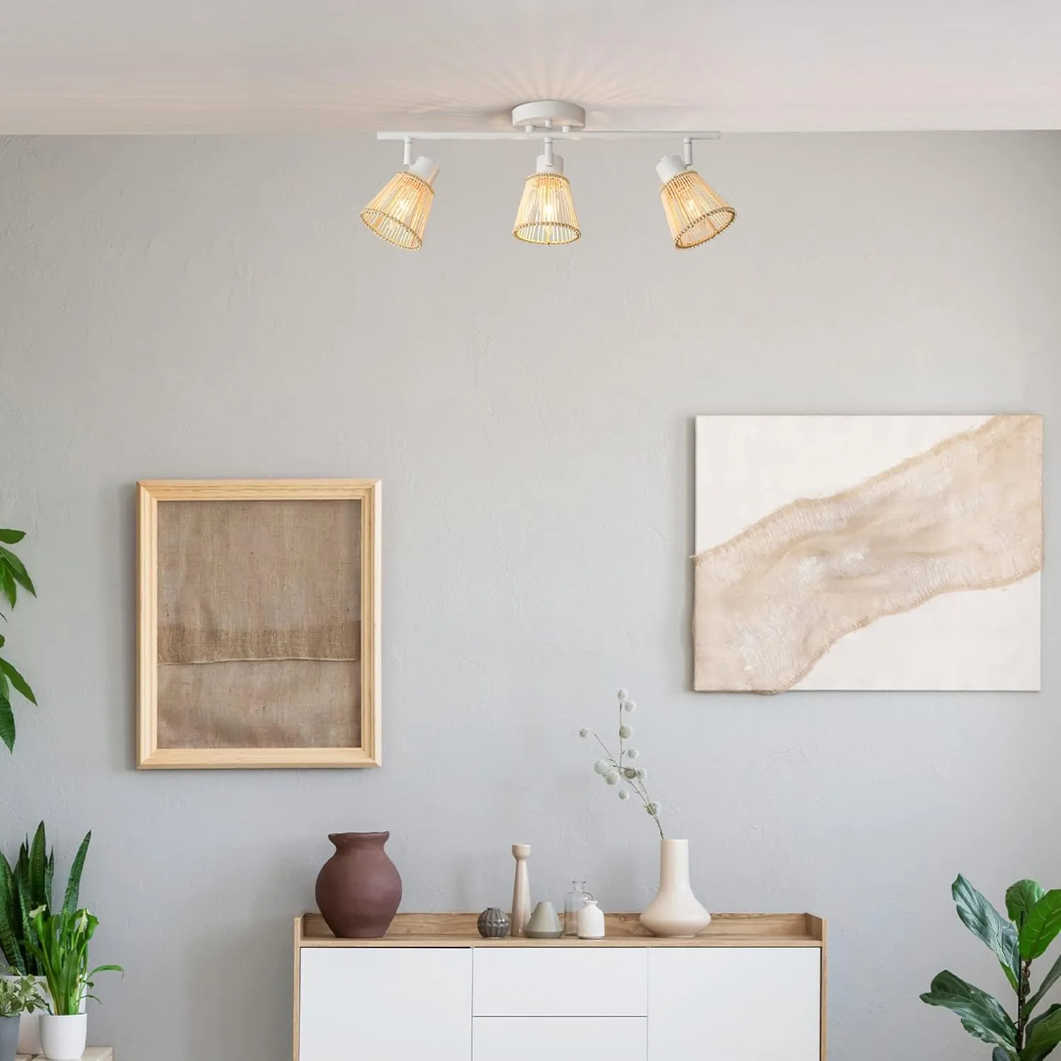 GLOBE Electric 64000043 22" 3-Light Track Lighting, Matte White, Bamboo Shades, Pivot Shade, Ceiling Light, Track-Light Heads, Kitchen Lights, E12 Socket