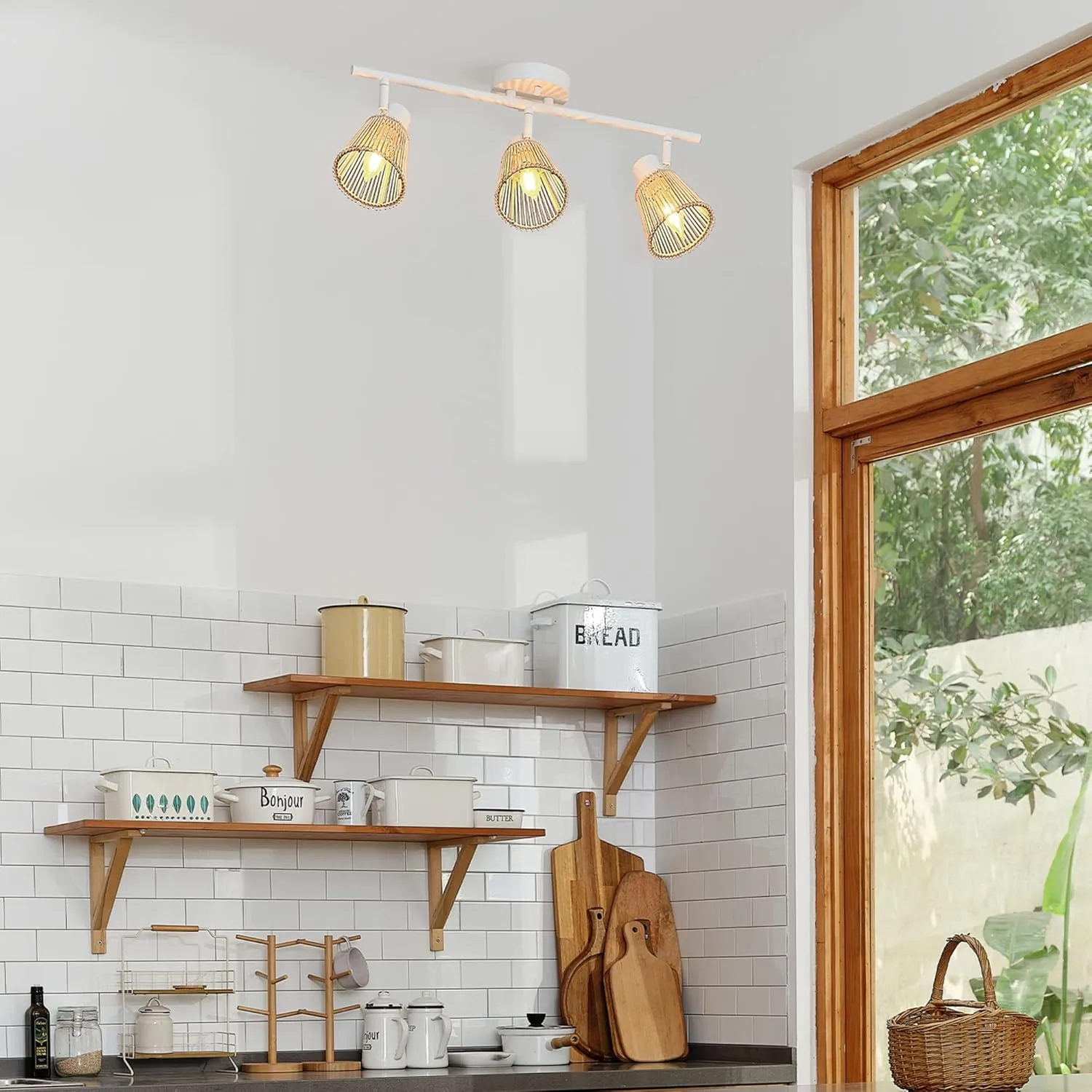 GLOBE Electric 64000043 22" 3-Light Track Lighting, Matte White, Bamboo Shades, Pivot Shade, Ceiling Light, Track-Light Heads, Kitchen Lights, E12 Socket