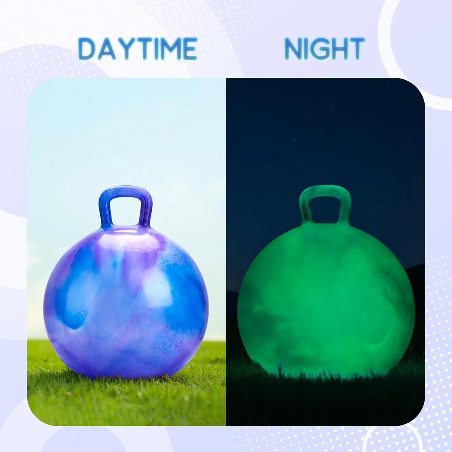 Glow-in-The-Dark Light Up Hopper Ball for Kids, 20 Inch Bouncy Ball with Handle, Inflatable Night Glow Jumping Toy for Boys and Girls Aged 6-12, Indoor & Outdoor Play, Includes Pump