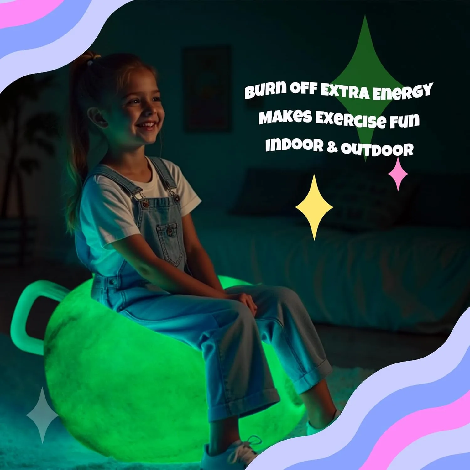 Glow-in-The-Dark Light Up Hopper Ball for Kids, 20 Inch Bouncy Ball with Handle, Inflatable Night Glow Jumping Toy for Boys and Girls Aged 6-12, Indoor & Outdoor Play, Includes Pump