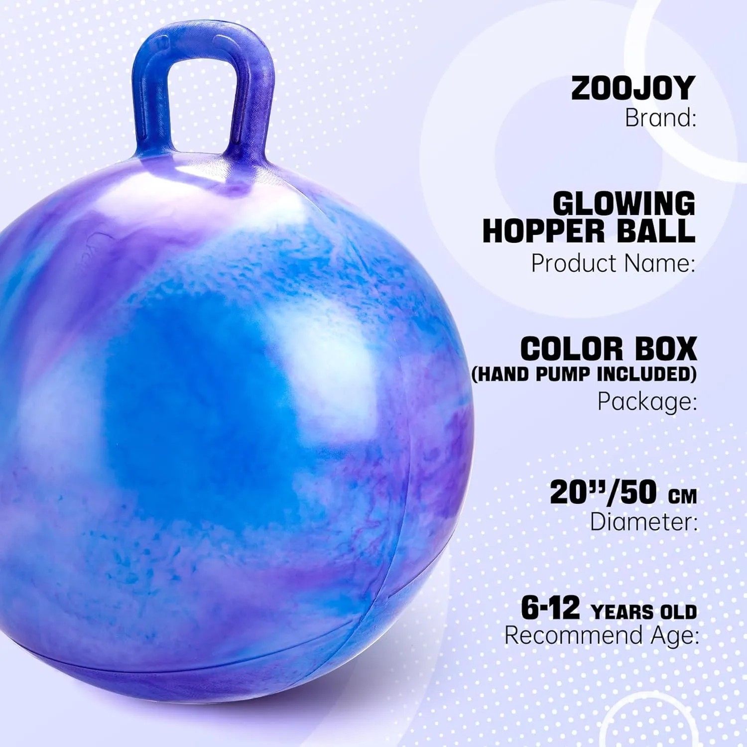 Glow-in-The-Dark Light Up Hopper Ball for Kids, 20 Inch Bouncy Ball with Handle, Inflatable Night Glow Jumping Toy for Boys and Girls Aged 6-12, Indoor & Outdoor Play, Includes Pump