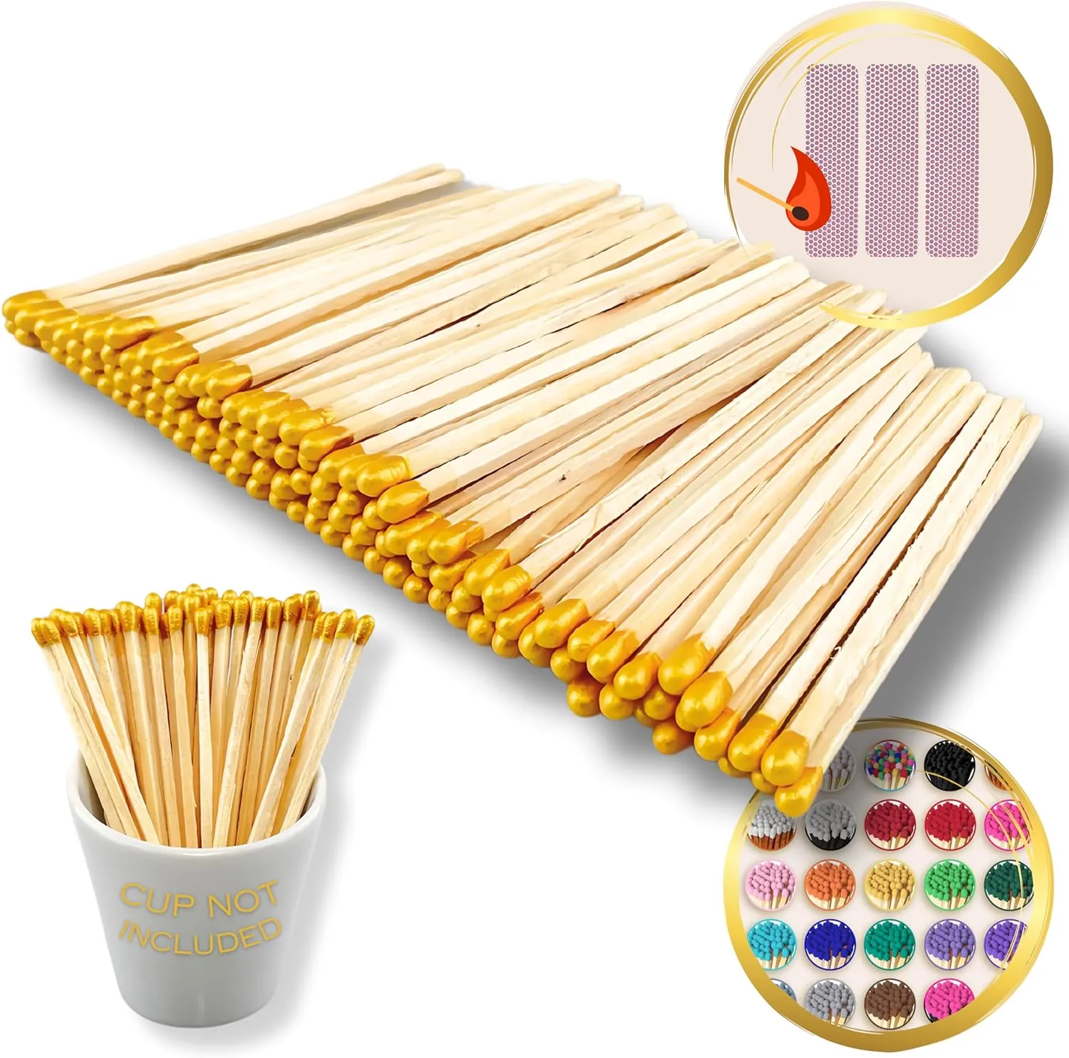 Gold TIP - 100 Color Safety Matches Bundle (3.75 inches) - Replacement or Refill for Jars Holders and Candle Gift Set - Long Wooden Wood Match Sticks