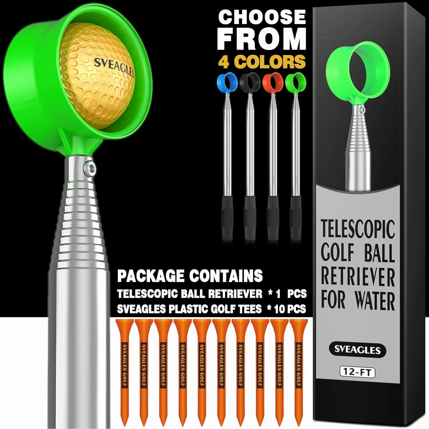Golf Ball Retriever Telescopic for Water, 12Ft/9Ft Two-Sided Golf Ball Grabber Stainless Steel Ball Retriever Tool Golf Ball Picker Golf Accessories