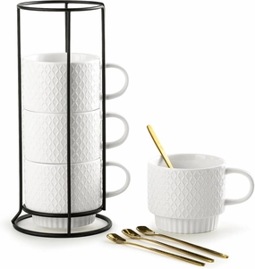 Gomakren Stackable Coffee Mugs Set with Stand, Coffe Cup with Tea Spoon 13 Ounce Cups for Cappuccino Coffee Drinks Tea, Set of 4, White Gift for Man Women 380ml