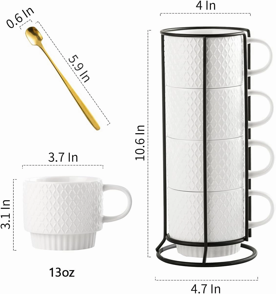 Gomakren Stackable Coffee Mugs Set with Stand, Coffe Cup with Tea Spoon 13 Ounce Cups for Cappuccino Coffee Drinks Tea, Set of 4, White Gift for Man Women 380ml