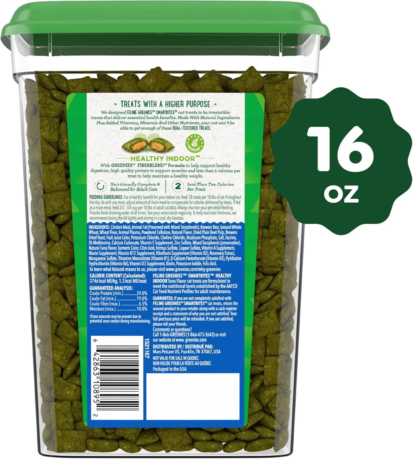 Greenies Feline Smartbites Healthy Indoor Natural Treats for Cats, Tuna Flavor, 16 oz. Tub