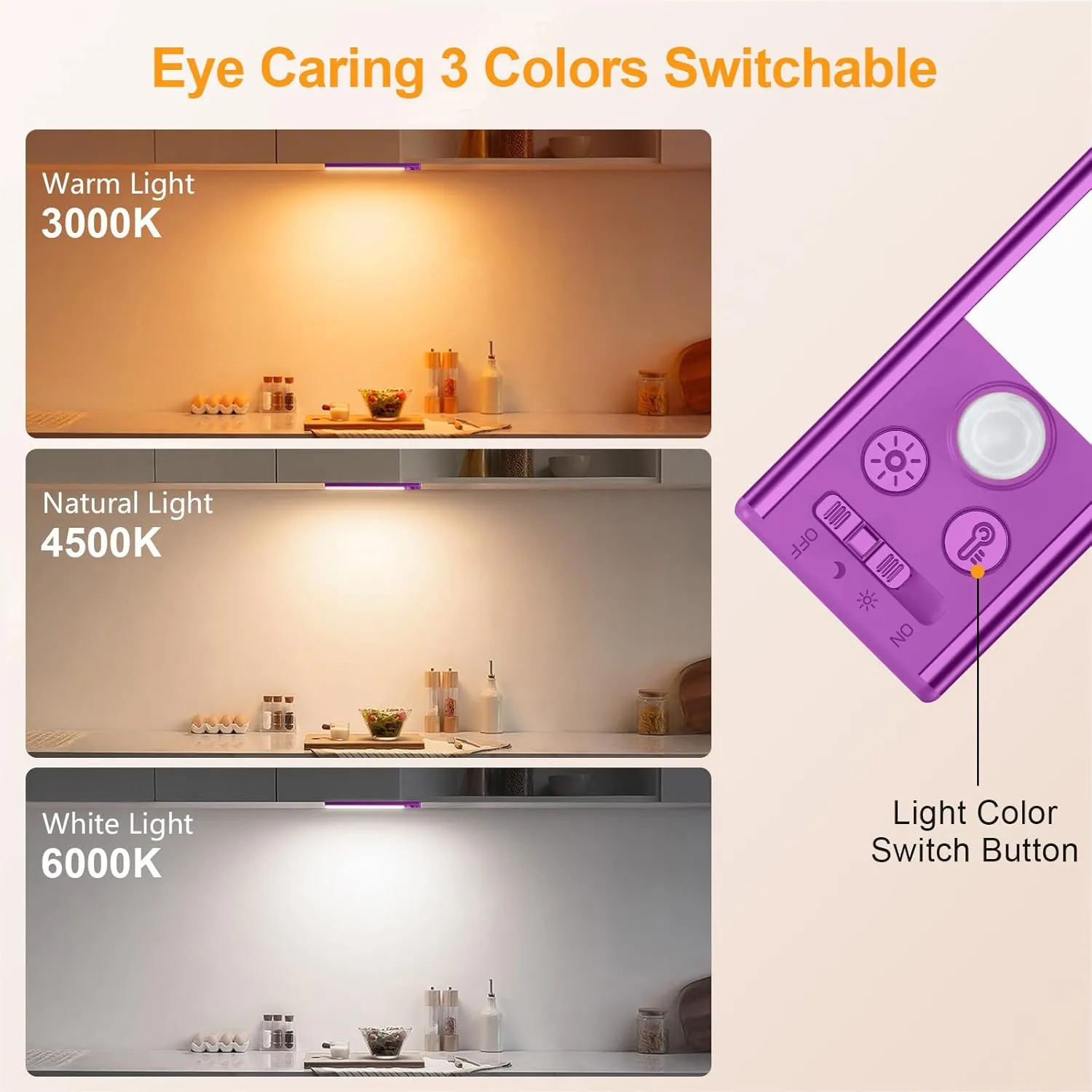 Gritin Under Cabinet Lighting- 84 LED Super Bright,3-Color & 5-Brightness,4 Modes,Motion Sensor, Rechargeable 1800mAh Long Lasting-Easy Installation Strong Magnetic -2 Pack-Dark Purple