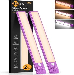 Gritin Under Cabinet Lighting- 84 LED Super Bright,3-Color & 5-Brightness,4 Modes,Motion Sensor, Rechargeable 1800mAh Long Lasting-Easy Installation Strong Magnetic -2 Pack-Dark Purple