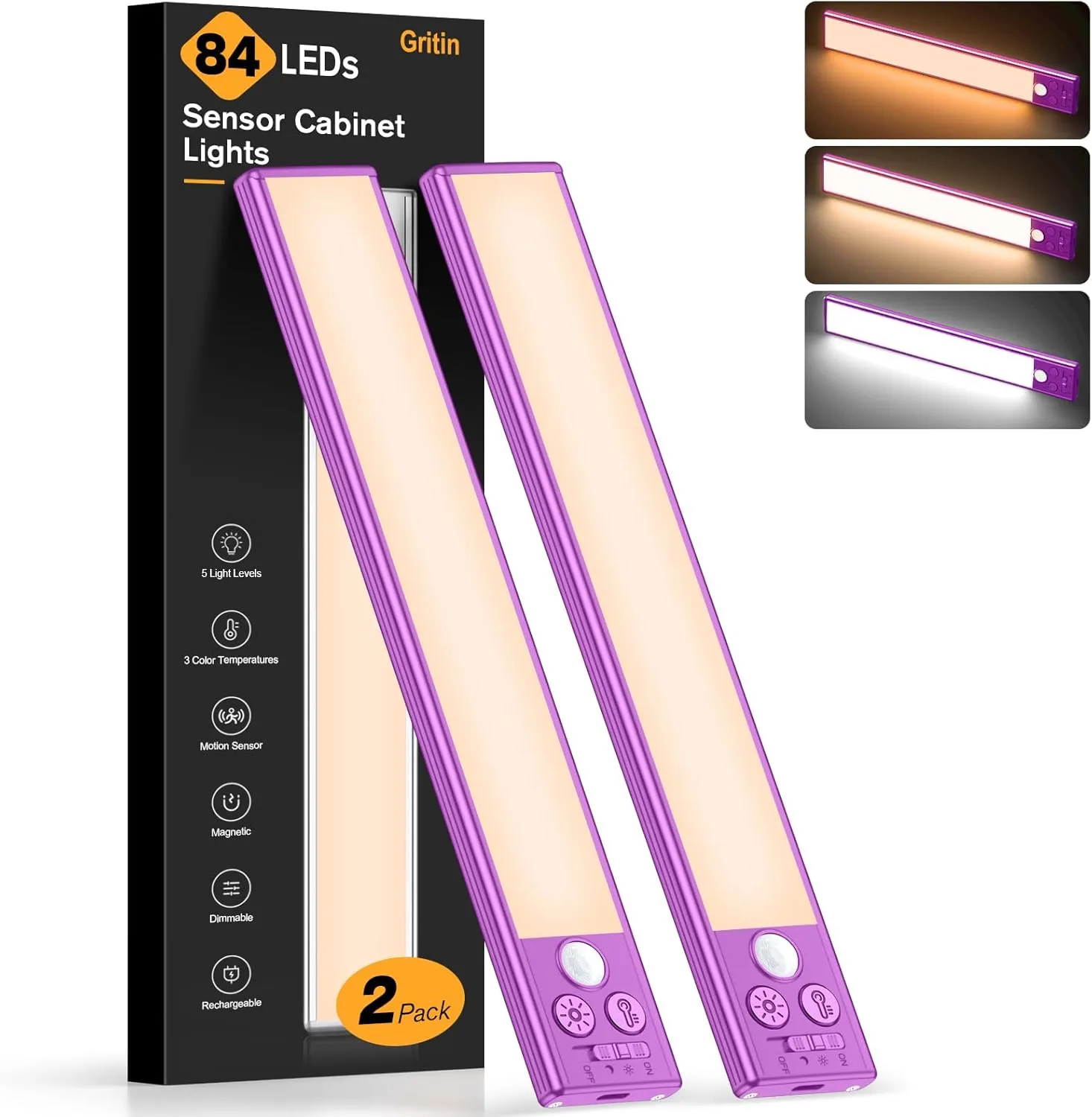 Gritin Under Cabinet Lighting- 84 LED Super Bright,3-Color & 5-Brightness,4 Modes,Motion Sensor, Rechargeable 1800mAh Long Lasting-Easy Installation Strong Magnetic -2 Pack-Dark Purple