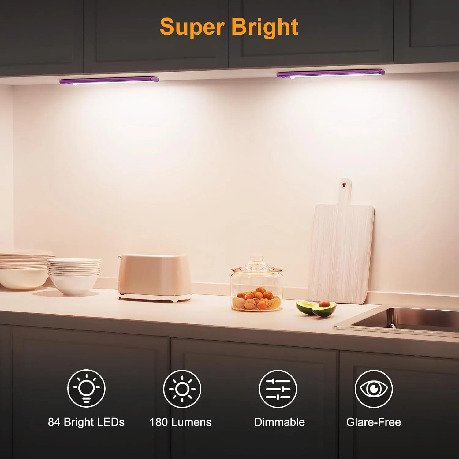 Gritin Under Cabinet Lighting- 84 LED Super Bright,3-Color & 5-Brightness,4 Modes,Motion Sensor, Rechargeable 1800mAh Long Lasting-Easy Installation Strong Magnetic -2 Pack-Dark Purple