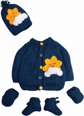Hand Made 3 Piece Knitted Warm Cozy Baby Crochet Set- Newborn Toddler Wool Sweater Set Includes- Booties & Hat (6-12 Month, Navy Blue)